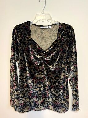 Susan Graver Velvet Floral V-Neck Long Sleeve Top - Brown, Black & Berry